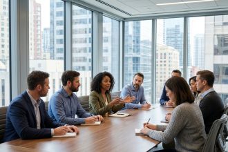 Groupe de professionnels en réunion dans un bureau moderne