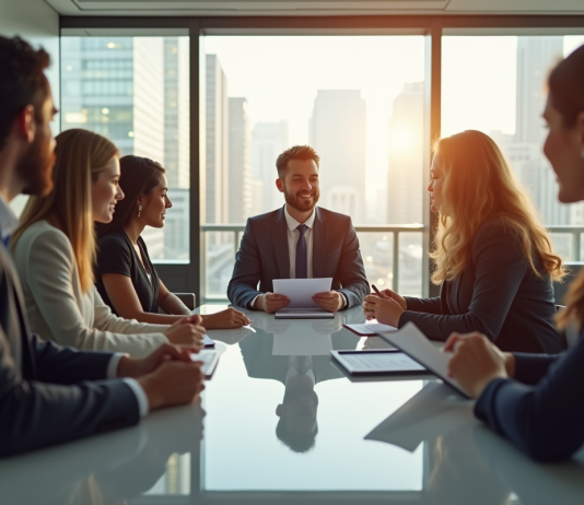 Groupe de professionnels en réunion dans une conférence lumineuse