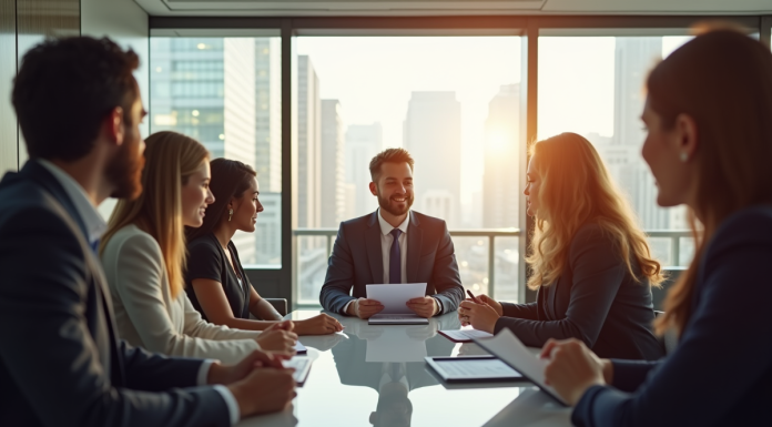 Groupe de professionnels en réunion dans une conférence lumineuse