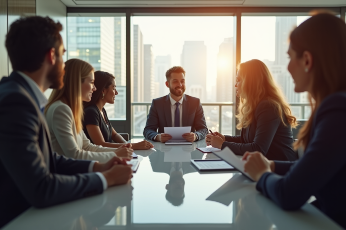 Groupe de professionnels en réunion dans une conférence lumineuse