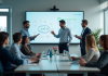 Groupe de professionnels dans une salle moderne utilisant des tableaux interactifs