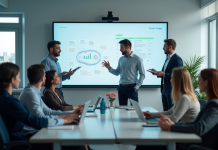 Groupe de professionnels dans une salle moderne utilisant des tableaux interactifs