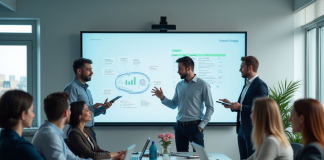 Groupe de professionnels dans une salle moderne utilisant des tableaux interactifs