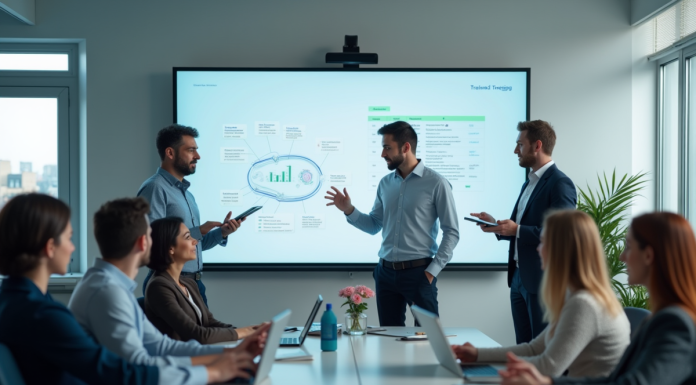 Groupe de professionnels dans une salle moderne utilisant des tableaux interactifs