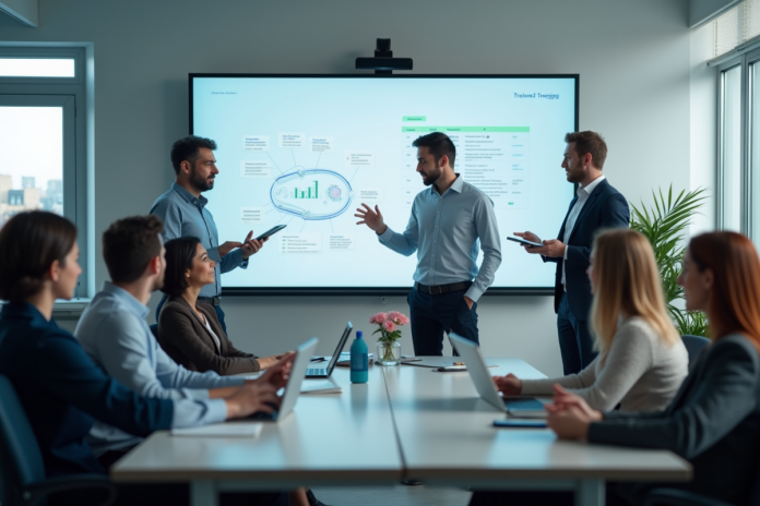 Groupe de professionnels dans une salle moderne utilisant des tableaux interactifs