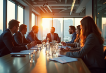 Groupe de professionnels en réunion d'équipe dynamique
