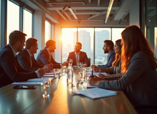 Groupe de professionnels en réunion d'équipe dynamique