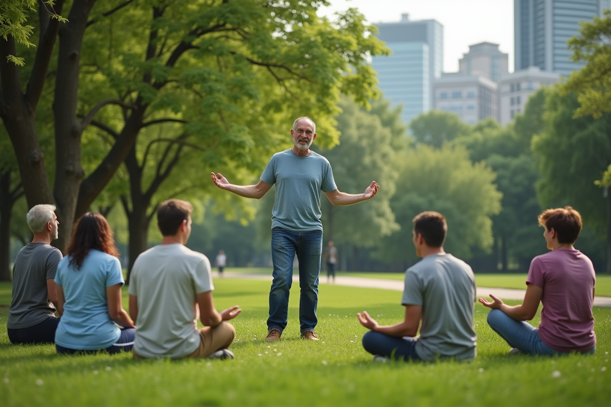 Groupe en extérieur pratiquant relaxation dans un parc