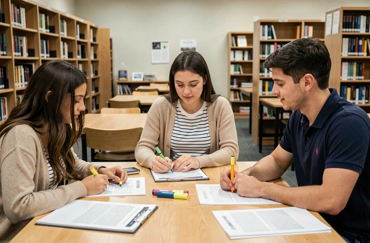 Groupe de candidats révisant ensemble des exercices de recrutement Scolinfo dans une bibliothèque universitaire avec des feuilles d'entraînement