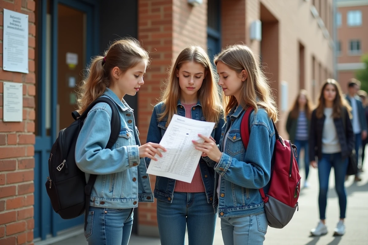 Trois adolescentes discutent devant le lycée avec documents