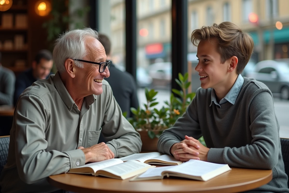 Homme âgé et adolescent discutent en café français