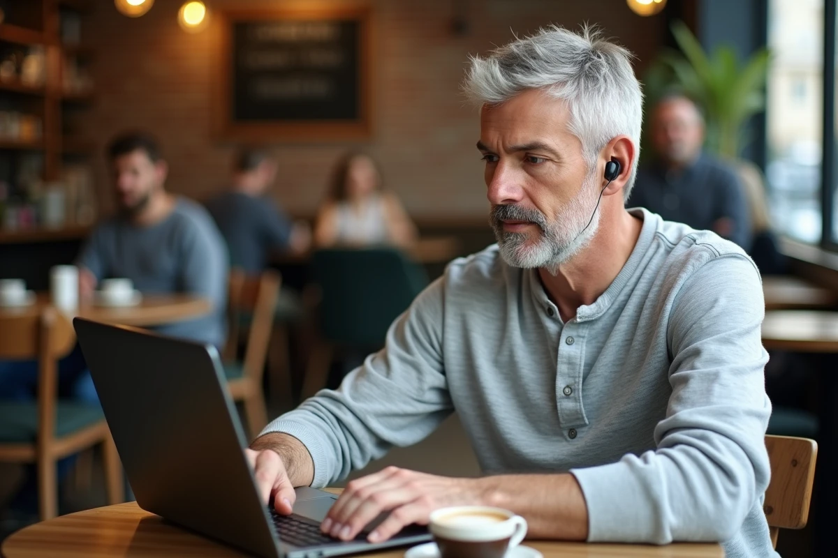 Homme adulte étudiant le français dans un café urbain avec un ordinateur portable et un dictionnaire franco-anglais