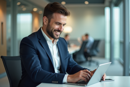 Homme d'affaires en costume utilisant une tablette dans un bureau moderne