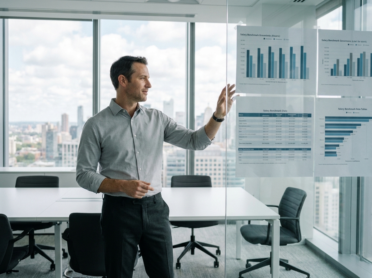 Homme d'affaires analysant des graphiques de benchmark salarial affichés sur un mur en verre dans une salle de réunion