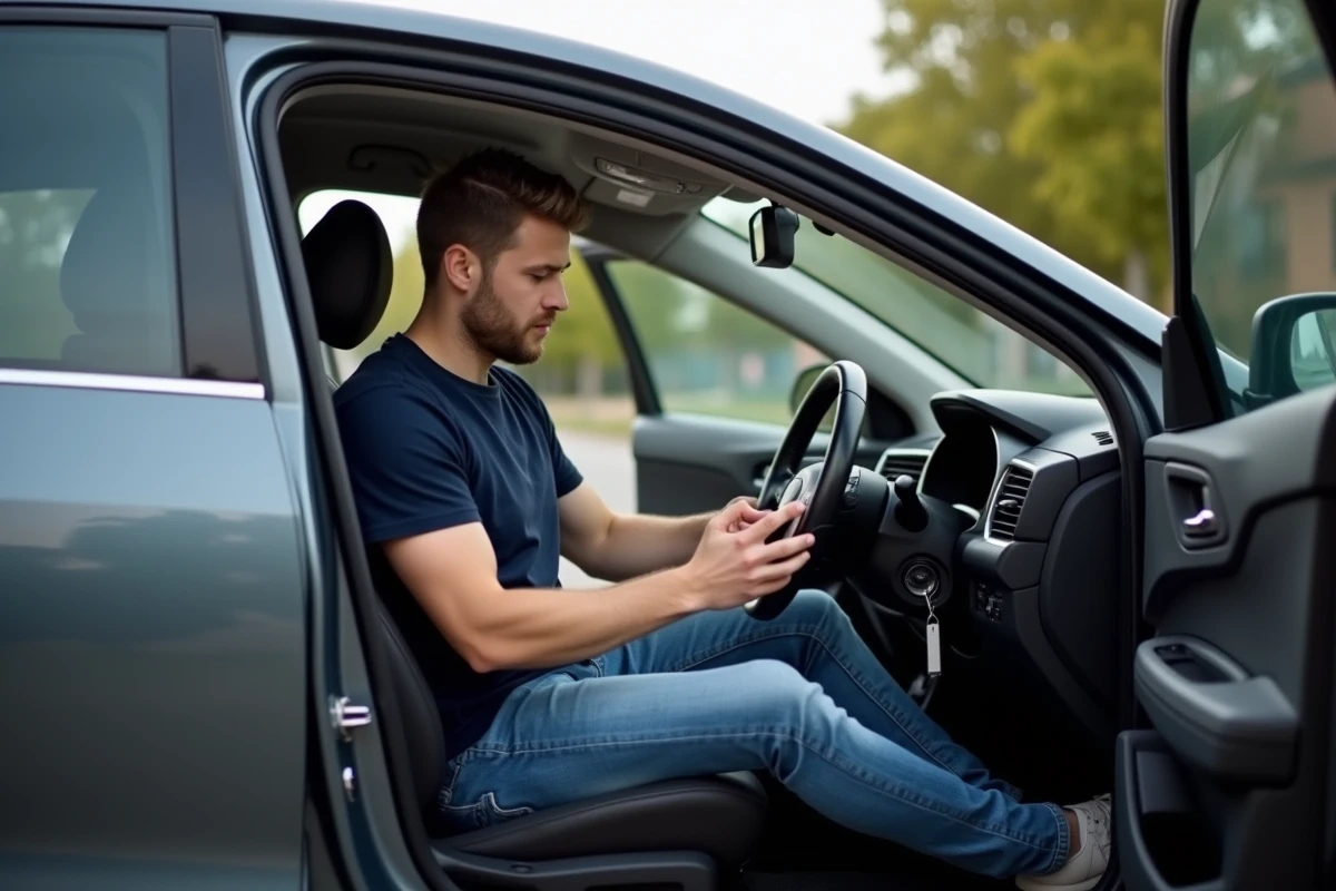 Homme consultant une application de code de la route sur smartphone assis dans une voiture garée