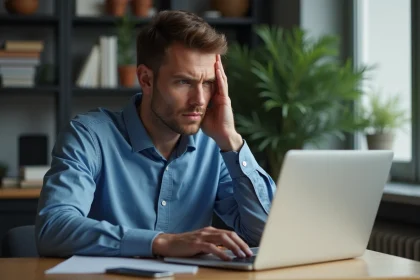 Homme concentré dans son bureau à la maison avec expression frustrée