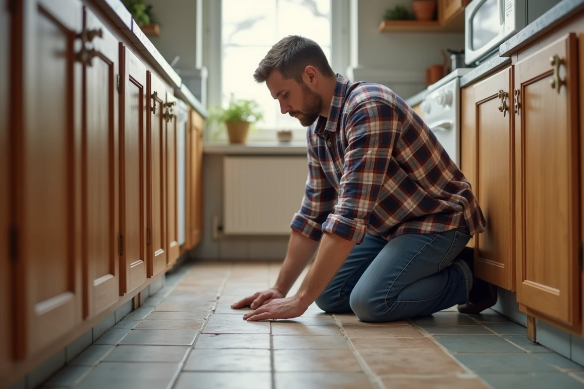 Homme posant des carreaux de céramique dans une cuisine