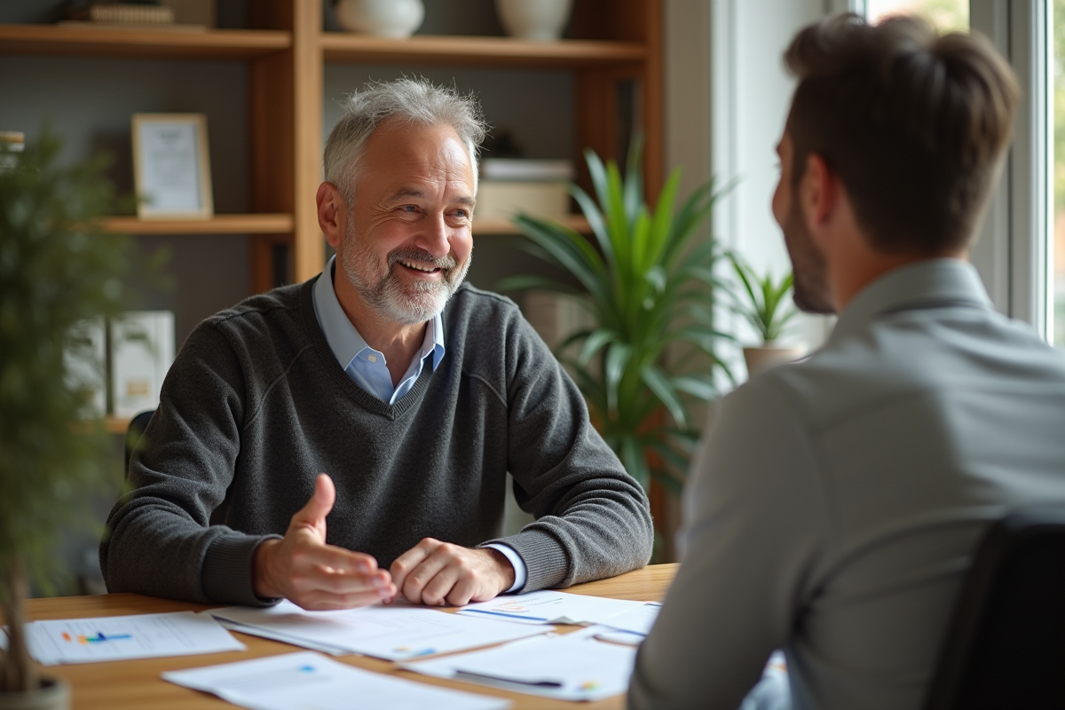 Homme en réunion discute avec un collègue dans un bureau lumineux