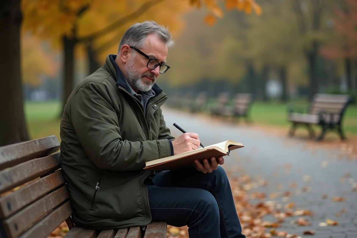 Homme écrivant dans un journal créatif sur un banc en bois dans un parc en automne