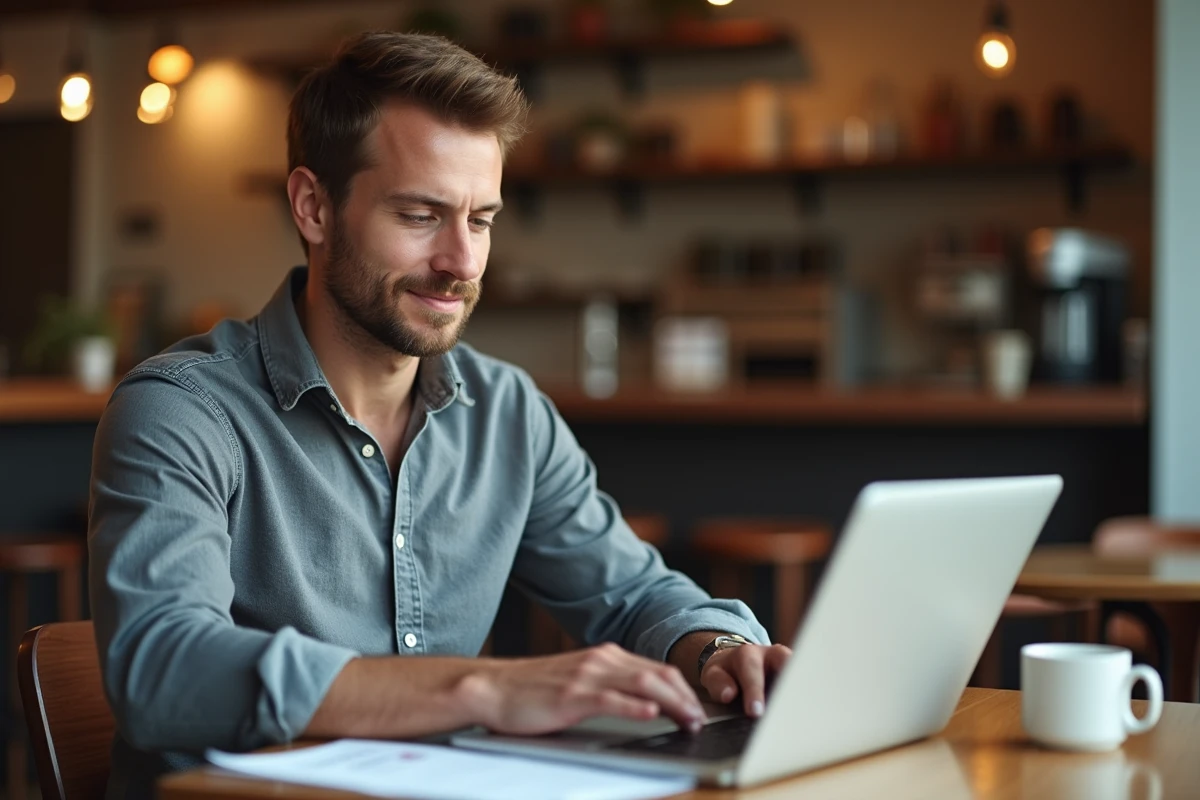 Homme tapant une lettre de motivation rapide sur son ordinateur portable dans un café