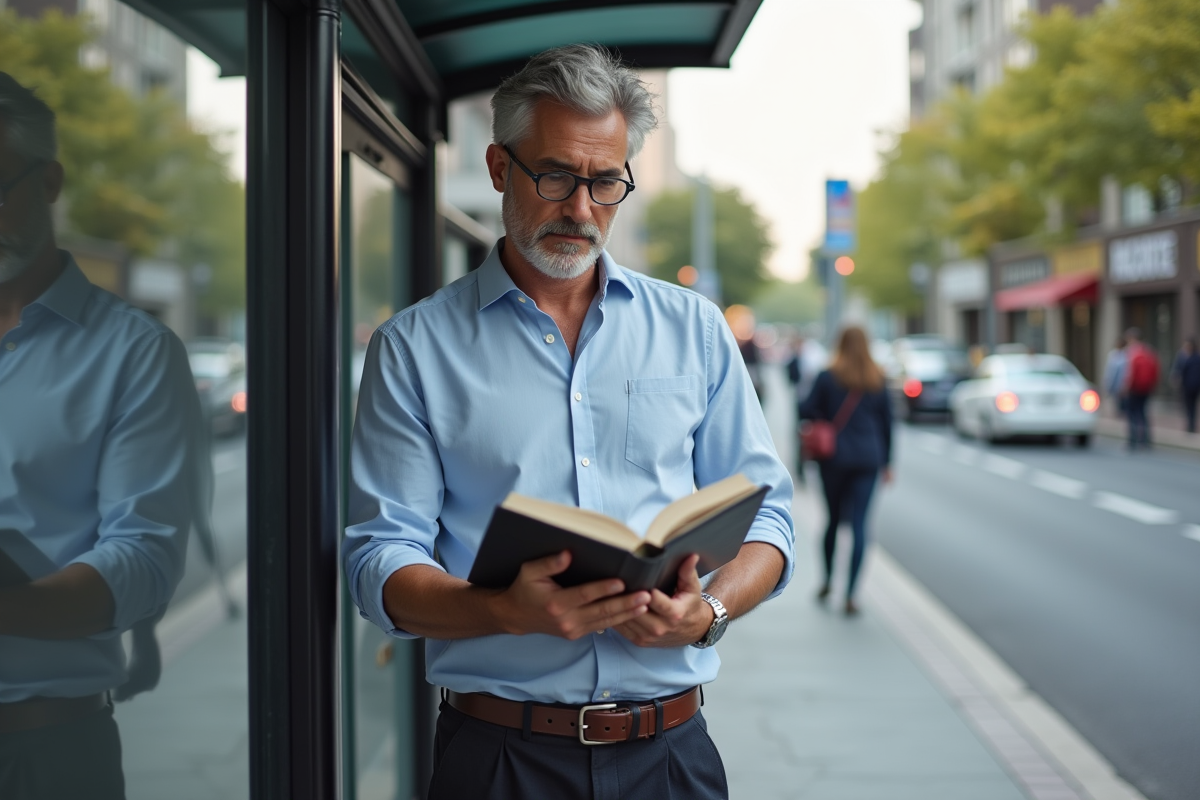 Homme de 42 ans lisant un livre en ville devant un arrêt de bus