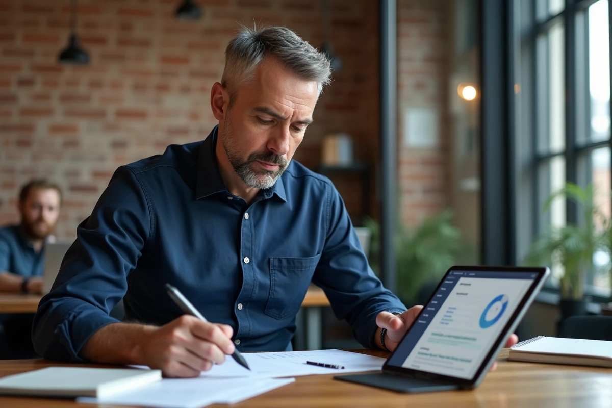 Homme organisant son espace de travail avec une tablette et des documents imprimés pour débuter une formation en ligne sur Moodle