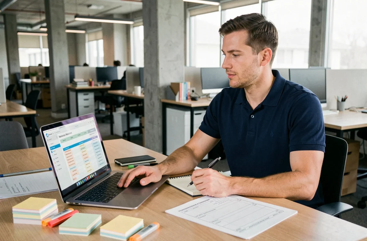 Homme organisant ses journées de révision comptable sur un ordinateur portable dans un espace de coworking