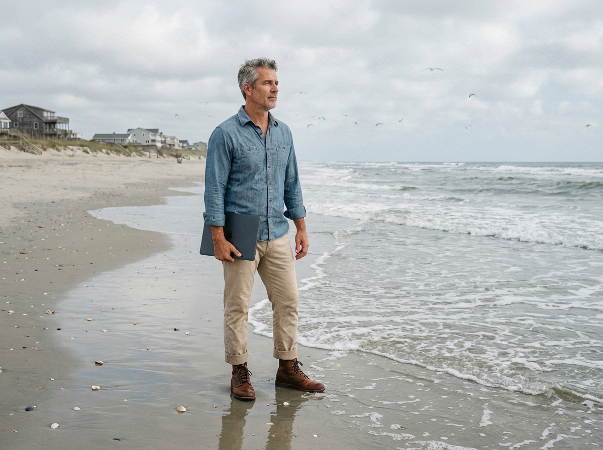 Homme en chambray regardant la mer avec ordinateur fermé