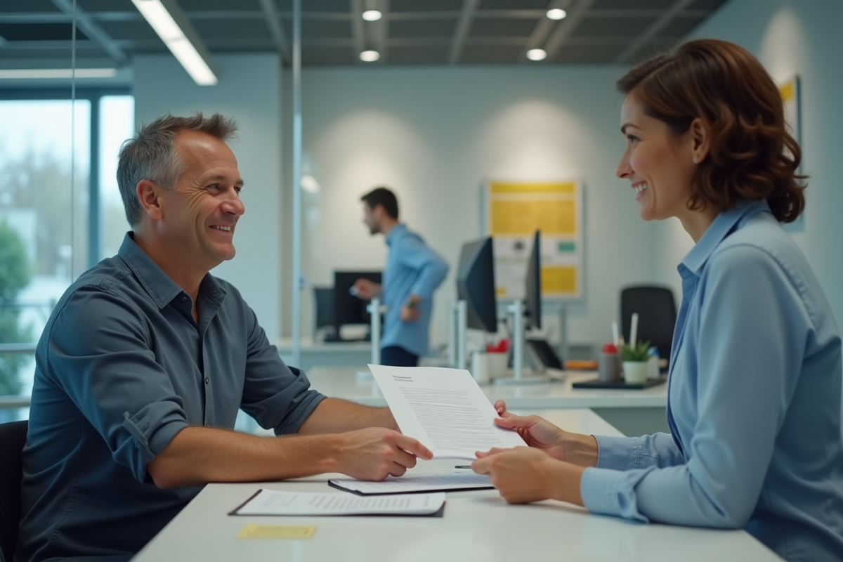 Homme remettant des documents à un agent au Pôle emploi