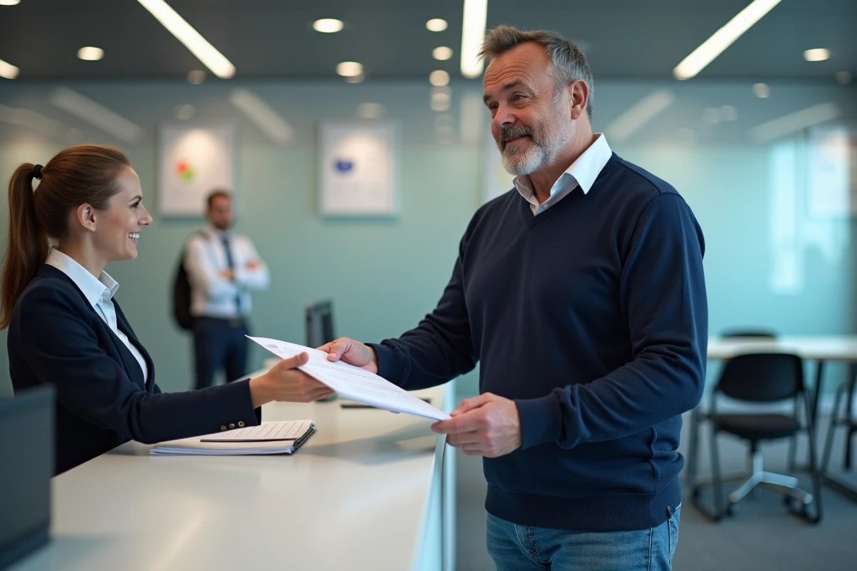 Homme remettant un dossier à un agent à Pôle emploi