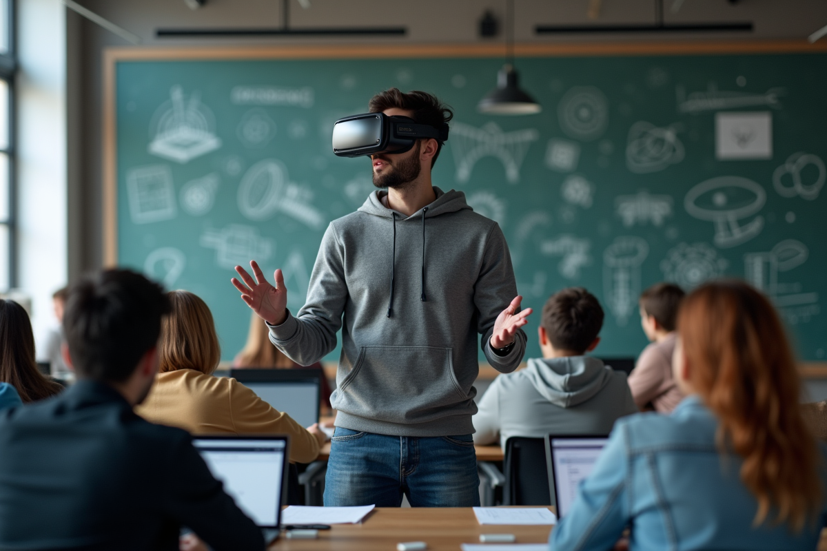 Jeune homme présentant un casque VR en classe