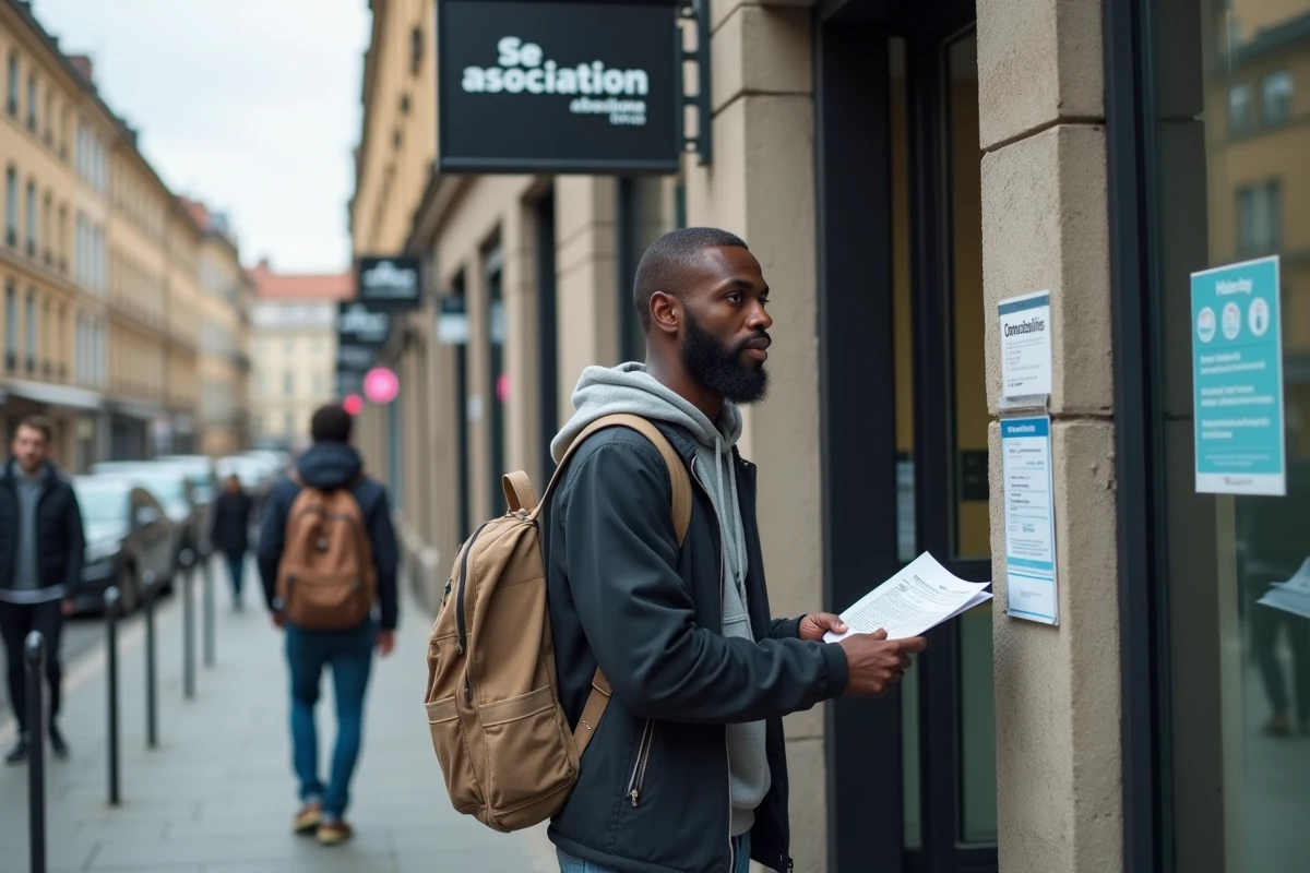 Un homme consulte les offres de formation affichées devant une association d'aide aux personnes sans papiers en ville