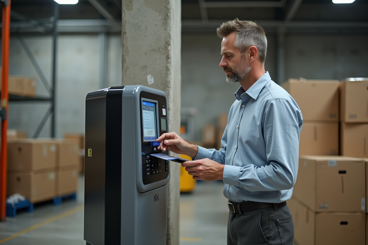 Homme d age moyen utilise une carte d employee dans un entrepot