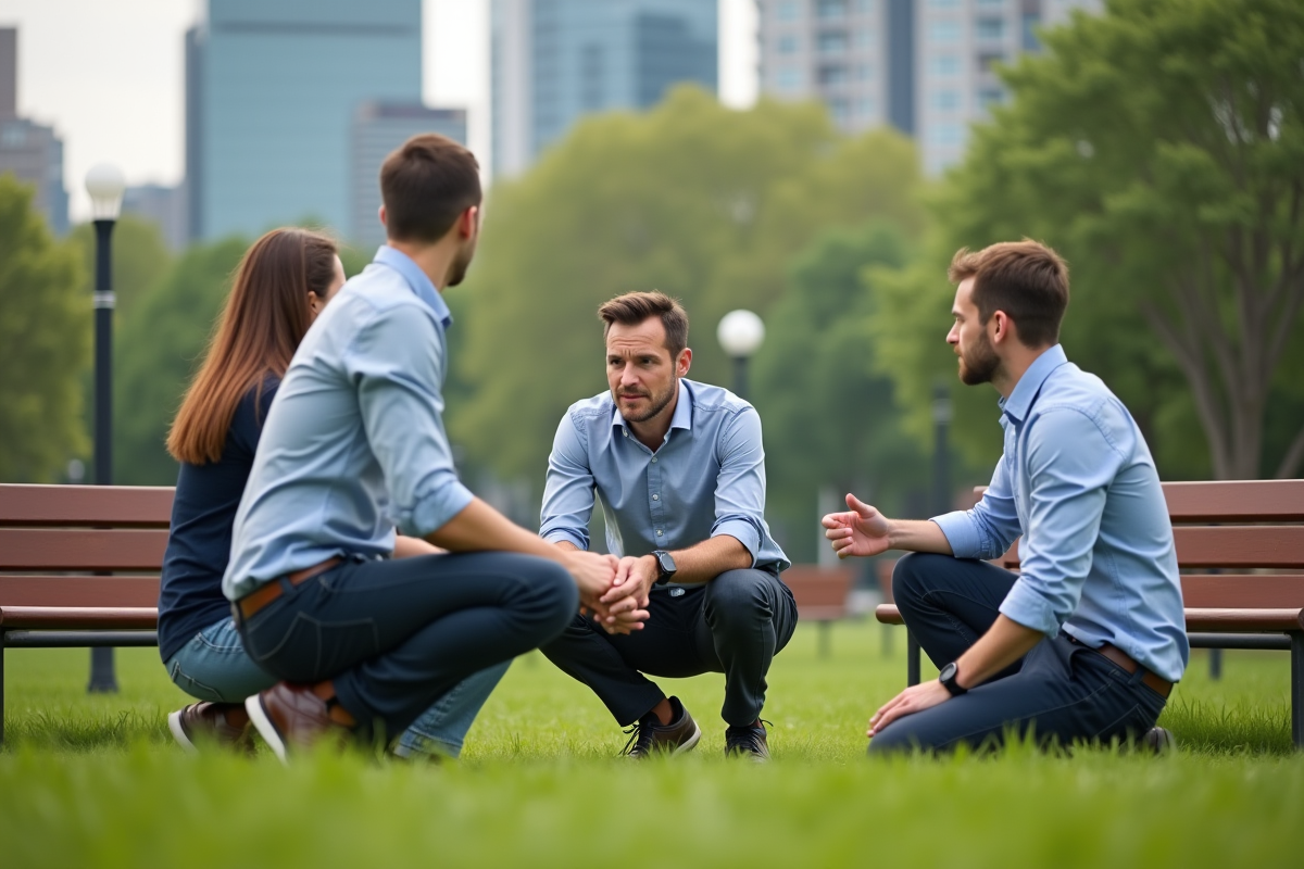 Homme en activité de team building dans un parc urbain
