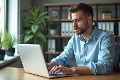 Homme concentré utilisant un logiciel de comptabilite au bureau