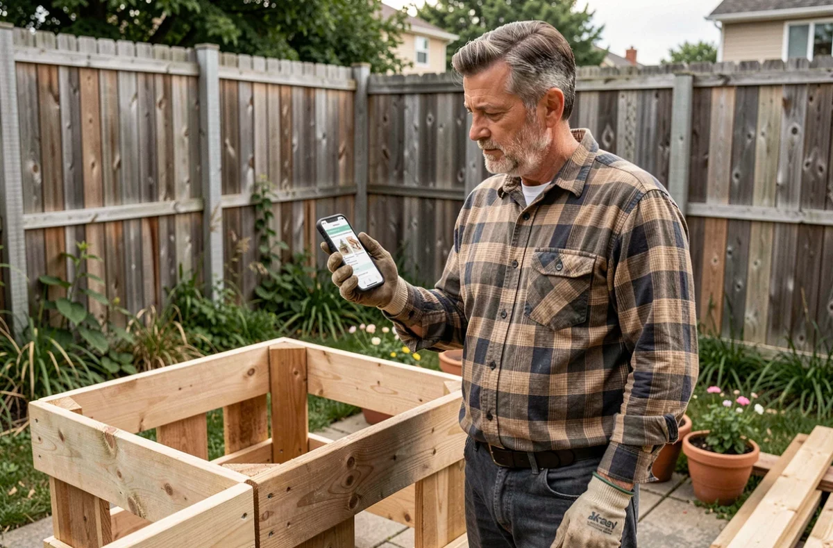 Homme suivant un tutoriel bricolage sur smartphone pour assembler un jardinière en bois dans un jardin de banlieue