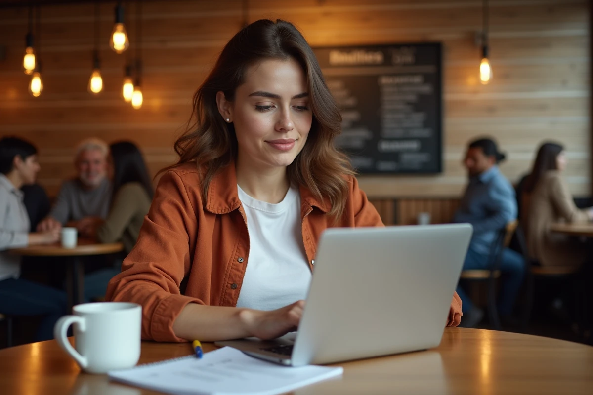 Infopreneure choisissant son outil emailing dans un café urbain avec checklist et ordinateur portable
