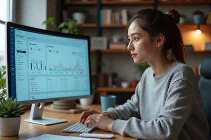 Infopreneure analysant un outil emailing sur son écran dans un bureau à domicile moderne en 2026