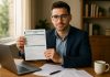 Jeune entrepreneur confiant avec formulaires de santé françaises
