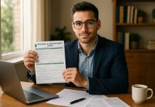 Jeune entrepreneur confiant avec formulaires de santé françaises