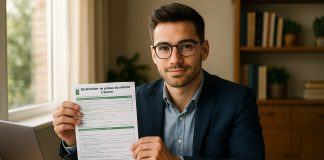 Jeune entrepreneur confiant avec formulaires de santé françaises