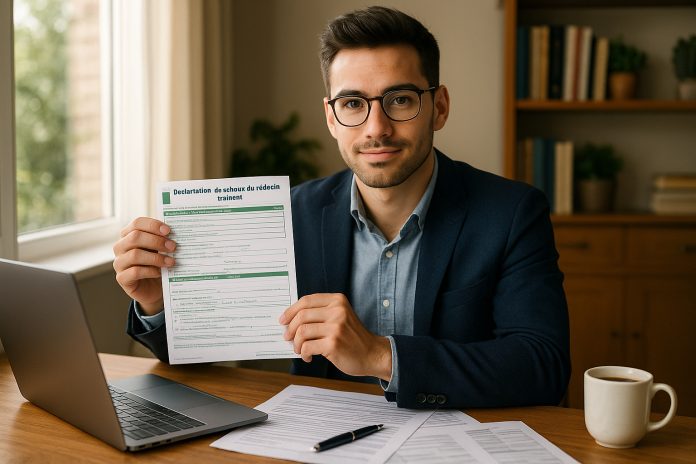 Jeune entrepreneur confiant avec formulaires de santé françaises