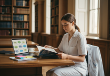 Comment choisir un bon sujet pour votre mémoire infirmier ? Jeune étudiante en soins infirmiers dans une bibliothèque lumineuse
