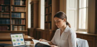 Jeune étudiante en soins infirmiers dans une bibliothèque lumineuse