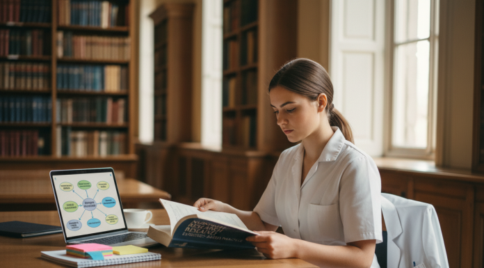 Comment choisir un bon sujet pour votre mémoire infirmier ? Jeune étudiante en soins infirmiers dans une bibliothèque lumineuse