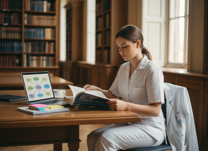 Jeune étudiante en soins infirmiers dans une bibliothèque lumineuse
