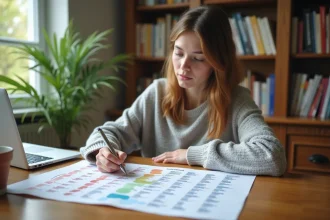 Jeune femme étudiant un tableau de conjugaison française
