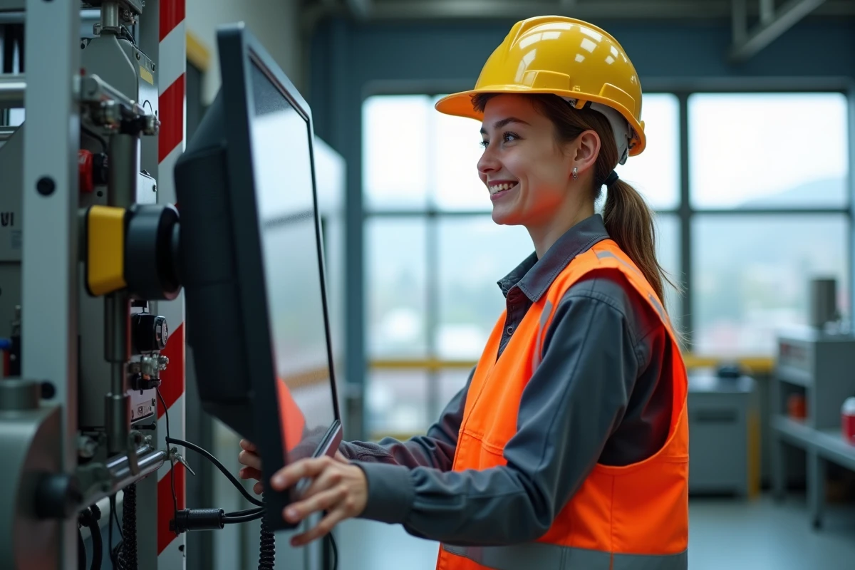 Jeune apprentie vérifiant un moniteur industriel