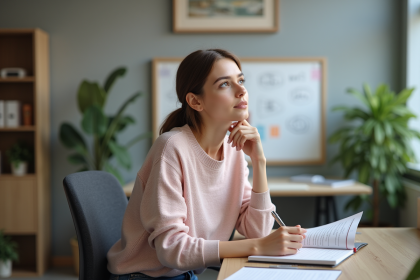 Jeune femme concentrée dans un bureau moderne avec cahier