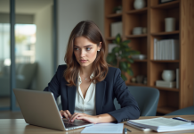 Trouver un stage de dernière minute : conseils et astuces performants Jeune femme concentrée travaillant sur son ordinateur dans un bureau moderne